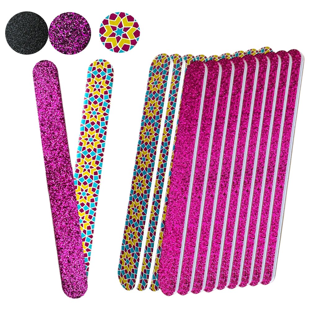 20 pc ALAZCO Premium Nail Files Coarse Medium Grit Professionals & DIY Washable Emery Boards for Natural Acrylic Gel Press-On Nails Travel TSA Friendly Geometric Pattern/Black & Pink Glitters