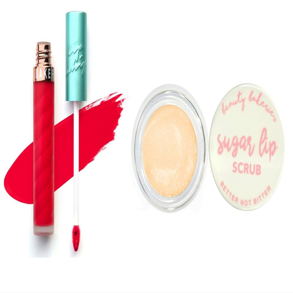 Beauty Bakerie Lip Whip Liquid Lipstick for Women, Hydrating Moisturizer Lip Gloss Lip Tint, Waterproof, 3.5mL, Mon Chri + Sugar Lip Scrub, Lip Scrubs for Exfoliation, Hydration, Peach, 2 Pack Bundle