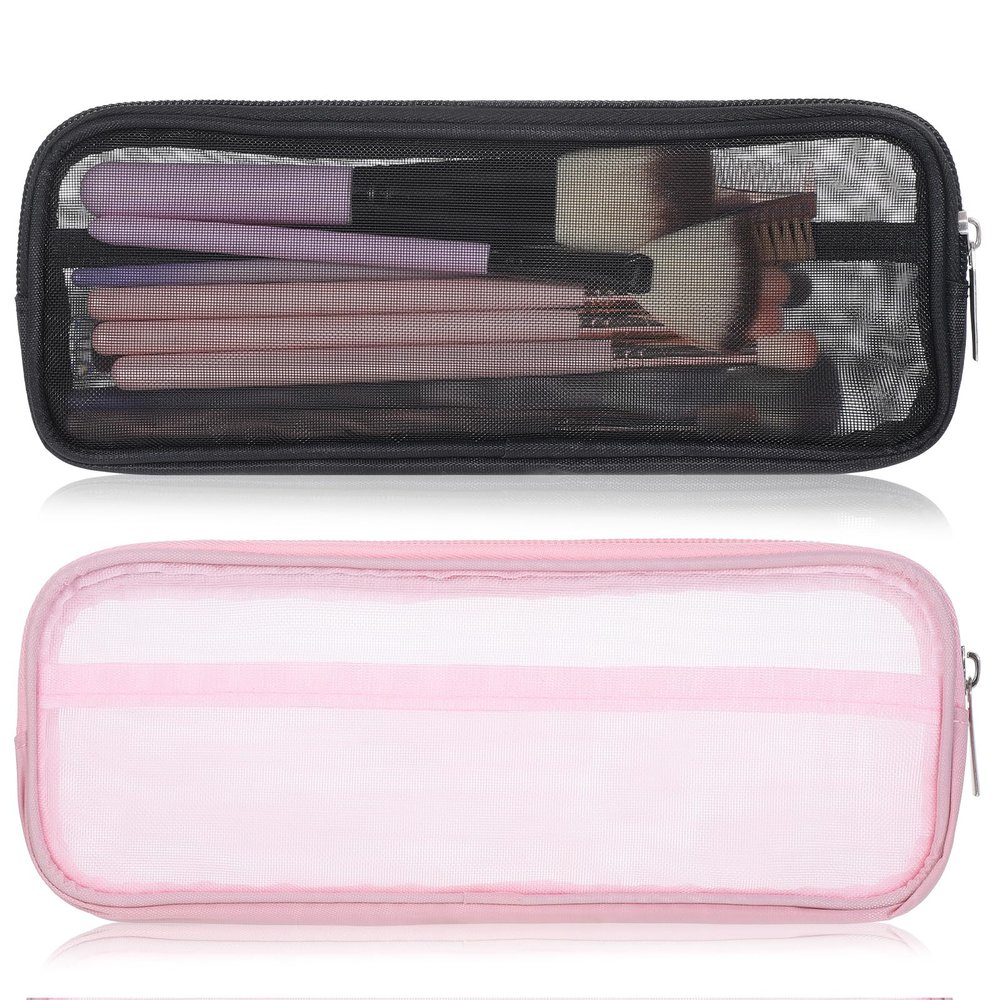 2 Pack Mesh Makeup Brush Bag Portable Mesh Travel Toiletry Bag with Zipper Clear Makeup Storage Bag Travel Makeup Brush Holder Cosmetics Makeup Brushes Organizer for Makeup Brush Toiletry(Pink, Black)