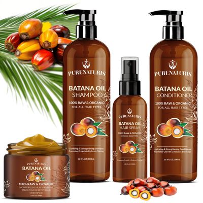 100% Natural Raw Organic Batana Oil Sulfate-Free Complete Hair Growth , Anti-Hair Loss & Repair System Kit Shampoo, Conditioner, Hair Mask, & Leave-In Spray | Thickness & Prevents Loss for Men Women