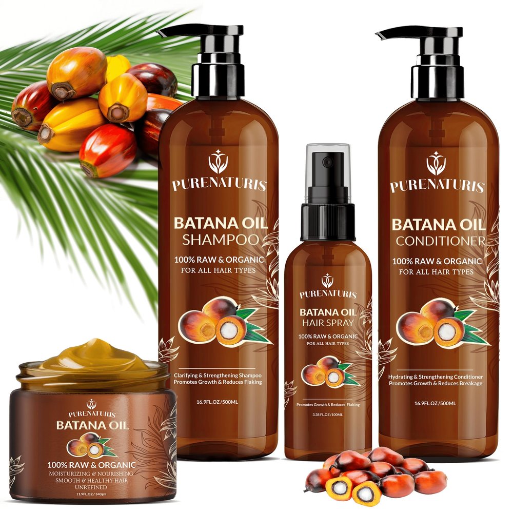 100% Natural Raw Organic Batana Oil Sulfate-Free Complete Hair Growth , Anti-Hair Loss & Repair System Kit Shampoo, Conditioner, Hair Mask, & Leave-In Spray | Thickness & Prevents Loss for Men Women