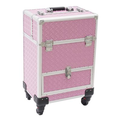 NEATOOM Rolling Makeup Train Case, Lockable Rolling Nail Case with Wheels, Salon Barber Case Traveling Cart Trunk with Drawer, Professional Makeup Trolley for Hair Stylist, Makeup Artist (Pink)
