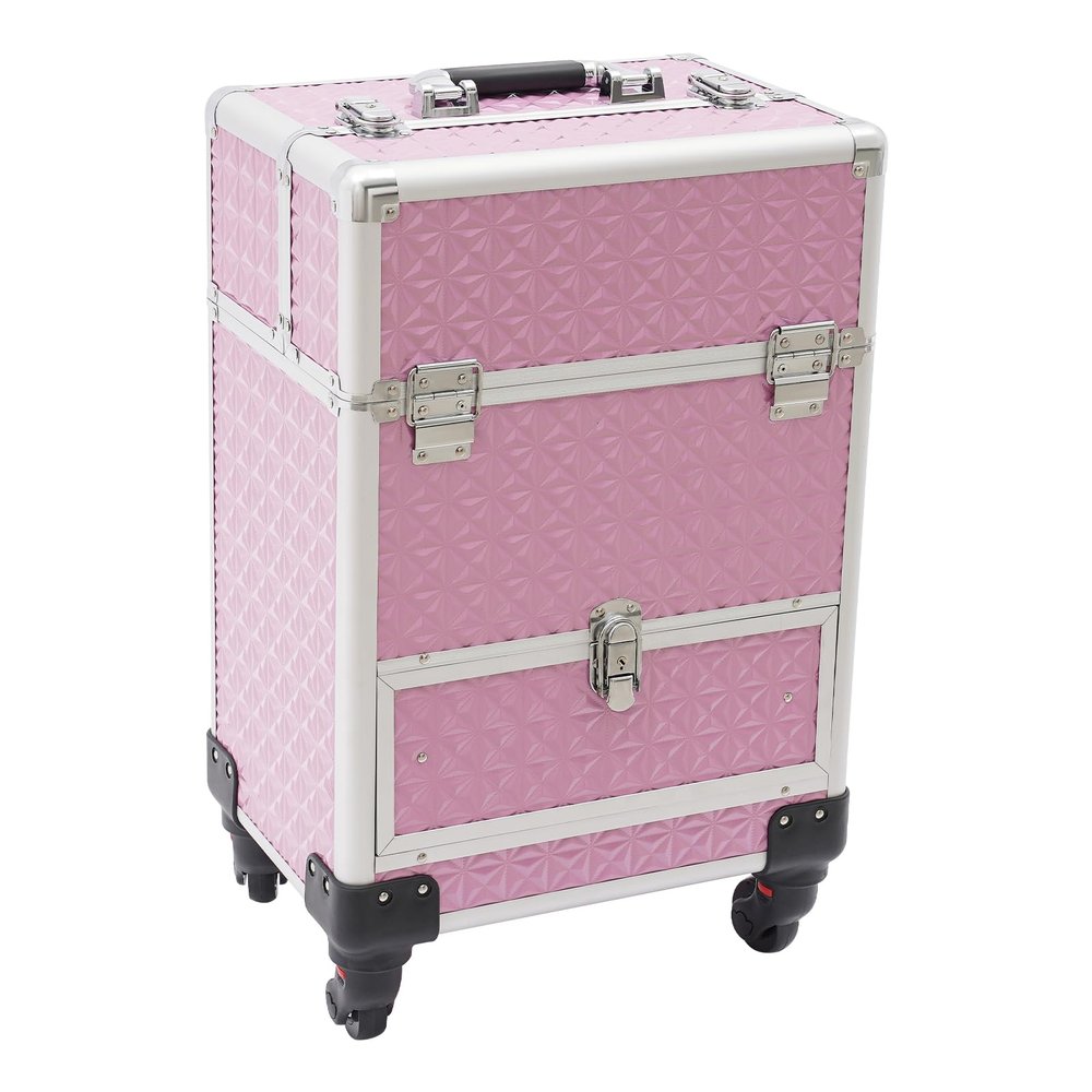 NEATOOM Rolling Makeup Train Case, Lockable Rolling Nail Case with Wheels, Salon Barber Case Traveling Cart Trunk with Drawer, Professional Makeup Trolley for Hair Stylist, Makeup Artist (Pink)