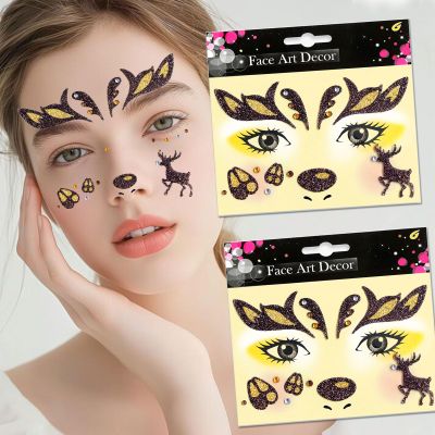 Elk Face Stickers Christmas Deer Face Gem Stickers Cute Animal Temporary Diamonds Stickers Cute Antlers Deer Ear Glitter Design Children Adult Face Eye Art Decoration for Christmas Makeup Party