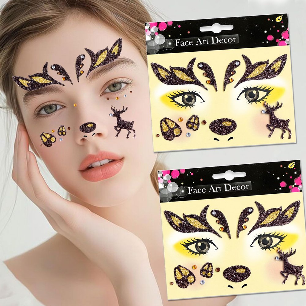Elk Face Stickers Christmas Deer Face Gem Stickers Cute Animal Temporary Diamonds Stickers Cute Antlers Deer Ear Glitter Design Children Adult Face Eye Art Decoration for Christmas Makeup Party
