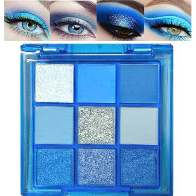 9 Colors Blue Eyeshadow Palette, Glitter Shimmer Matte Neutral Shades, High Pigmented Waterproof Grey Light Blue Eyeshadow, Shimmer Bright Sombras De Ojos for Daily and Party Makeup