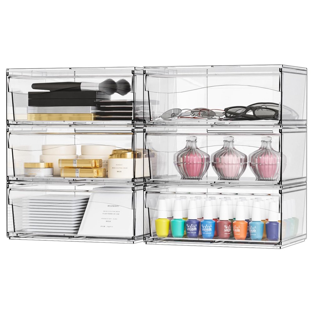 6 Pack Clear Stackable Storage Drawers,12"W Large Bathroom Makeup Organizer and Pen,Sunglass,Medicine,Baby Bottle Organizer,Plastic Pull Out Storage Bins for Desk,Under Cabinets,Vanity Countertop