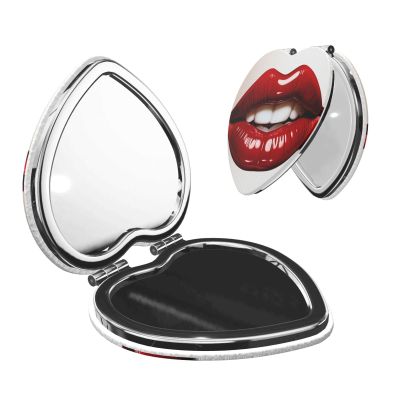 VTCTOASY Travel Makeup Mirror Portable Compact Mirror Cute Graphic Red Lips Makeup Mirror Double-Sided Pocket Mirror Magnifying 1x/2x PU Leather Travel Mirror for Daily Work Business Heart Shape