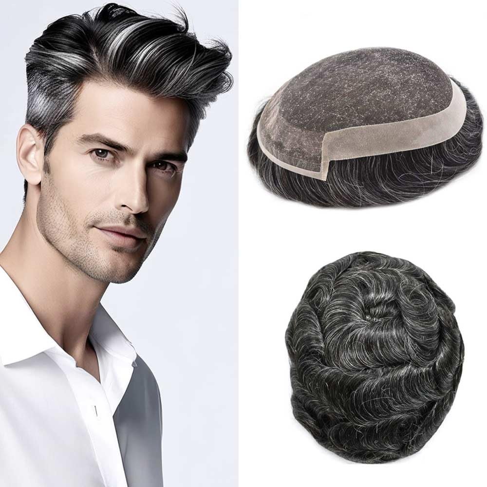 Healthlif Toupee For Men Hair Piece Swiss Lace Hair Pieces For Men European Human Hair Replacement System For Mens Toupee Mens Hair System6X8 Medium light density #1B40 1B# OFF BLACK+40% GREY