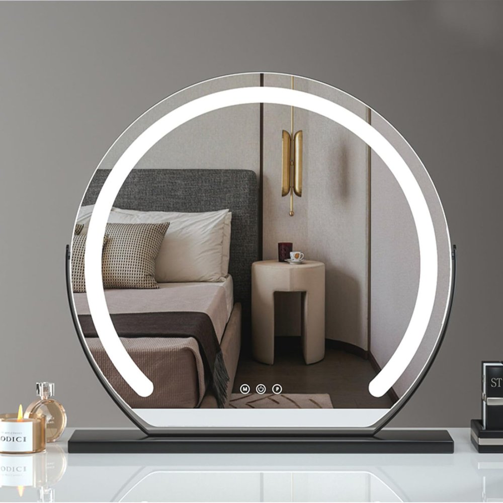 JSLJDM Lighted Makeup Mirror, 48 x 44cm, Dimmable LED Dressing Table Mirror and 3 Adjustable Brightness Modes, Mirror Lighted Dressing, Plug-in Model, White Black 52x48cm