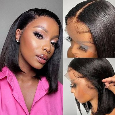 LAB HAIRS 12 Inch Blunt Cut Style Short Bob Wig 13x4 Transparent Lace Front Wigs Human Hair Natural Black Straight Bob Wig 150% Density Pre Plucked for Black Women