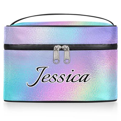 Ioracida Custom Name Makeup Bag, Personalized Capacity Travel Toiletry Cosmetic Bag for Women, Customized Makeup Bag Organizer Toiletry Bag Vanity Bags Gifts for Girls, Rainbow Glitter Theme