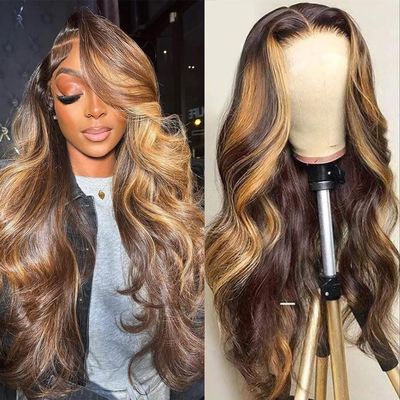 13X4 Highlight Ombre Lace Frontal Wigs Human Hair 4/27 Honey Blonde 180% Density Body Wave Wig for Black Women HD Transparent Lace Front Wig with Highlights Colored Glueless Wigs Human Hair 30 Inch