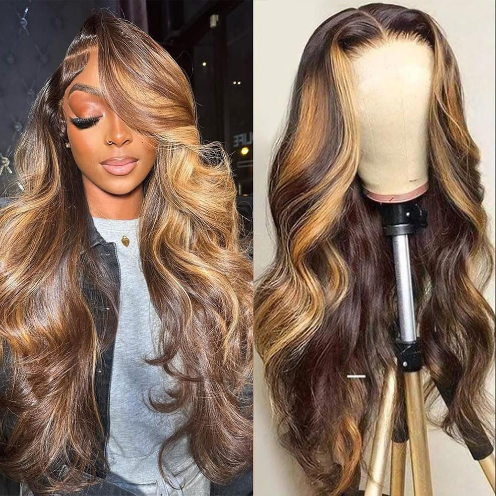 13X4 Highlight Ombre Lace Frontal Wigs Human Hair 4/27 Honey Blonde 180% Density Body Wave Wig for Black Women HD Transparent Lace Front Wig with Highlights Colored Glueless Wigs Human Hair 30 Inch