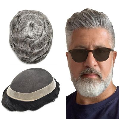 Mens Toupee Human Hair French Lace Hair Pieces For Men Toupee For Men Hair System 100% Human Hair Replacement System For Men Hair Pieces 8x10 Medium light density #1B80 1B# OFF BLACK+80% GREY