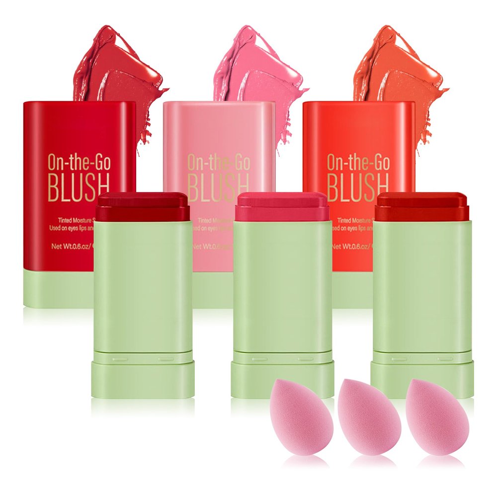 3PCS Blush Stick for Cheeks,Multi-use Solid Matte Makeup Stick Blush Cream for Cheek Eyes and Lips Tint,Moisturizing Tinted Cream Blush,Natural Blendable Cheek Blusher with 3 Makeup Sponges