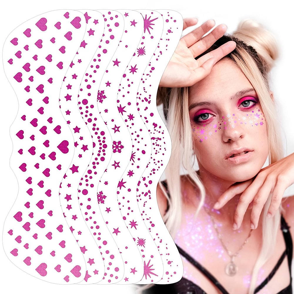 Glitter Freckles Face Tattoo - Rose Red Pink- Glow Up Makeup Patches - Face Glitter Speckles Patches - Cute Glitter Makeup Accessories for Women - Cosmetic Glitter for Face - 6 Sheets