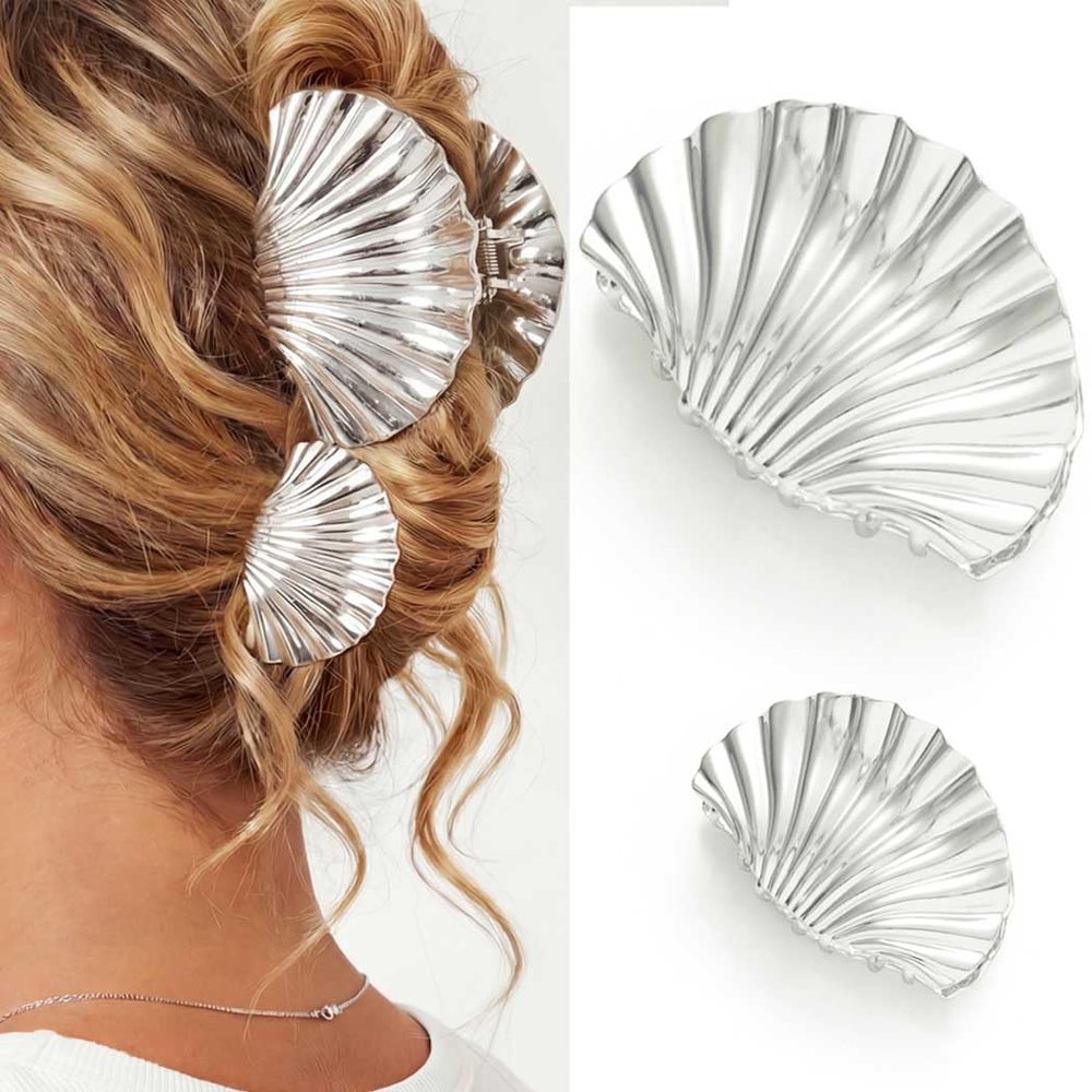 BARTOSI Shell Claw Clips Silver Hair Clip Seashell Hair Claw Clips for Thick Hair Fashion Hair Accessories for Women and Girls (Pack of 2)