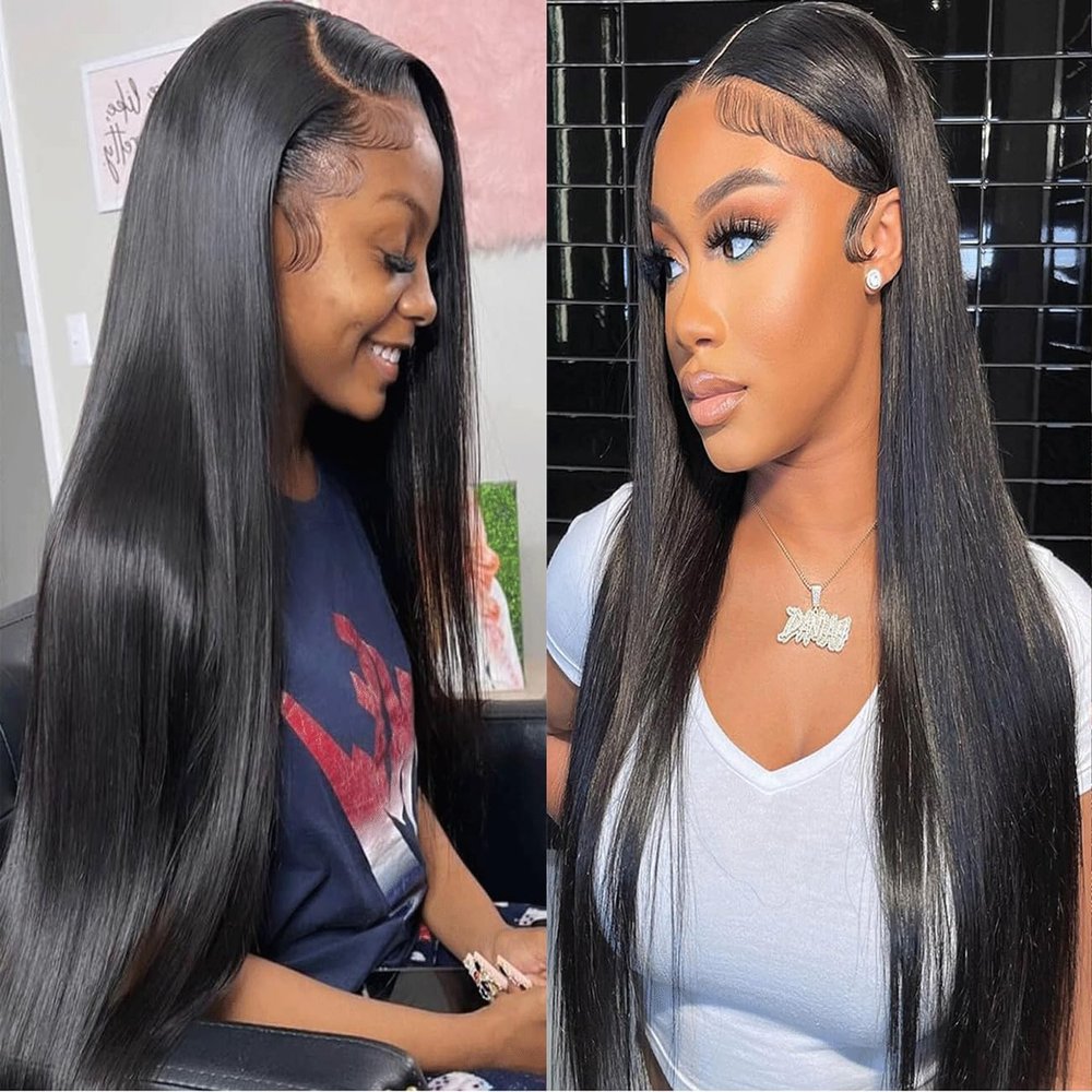 Mysyty Skin Straight 13x4 Real Human Hair Wig with Baby Hair for Women Straight HD Transparent Lace Frontal Wigs Human Hair Pre Plucked Glueless Wigs Natural Black Color 28 Inch 180 Density