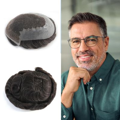 Swiss Lace Toupee for MenEuropean Humanhair Replacement System Lace Front Men ToupeeHairpiece. (320# Dark Brown with 20% Grey, 7x9"-100% Light Med-Light Density)