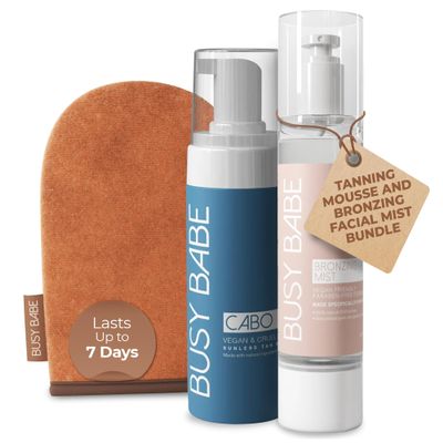 Busy Babe Tanning Bundle - Cabo Tanning Mousse Self Tanner for a Gorgeous Sunkissed Self Tan, Bronzing Facial Tanning Mist & Self Tanning Spray for a Natural Face Tan & Quick Tan - 200ml & 3.38 Fl Oz