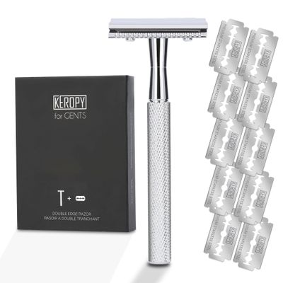 KEROPY Single Blade Safety Razor With 10 Premium Stainless Steel Blades Double Edge Safety Razors For Men, Smooth Wet Shave Experience, Glossy Silver