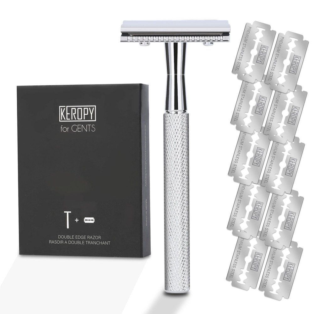 KEROPY Single Blade Safety Razor With 10 Premium Stainless Steel Blades Double Edge Safety Razors For Men, Smooth Wet Shave Experience, Glossy Silver