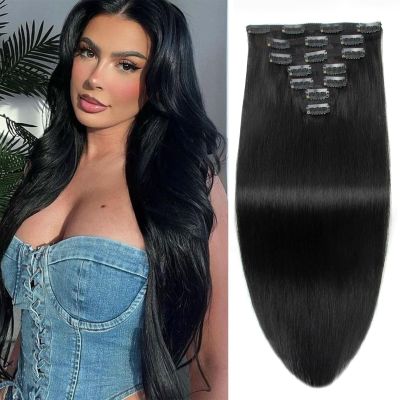 Clip in Hair Extensions Real Human Hair Jet Black Clip ins 16 Inch 7pcs 115g Human Hair Clip in Extensions Straight Hair Double Weft Human Hair Extensions for Women
