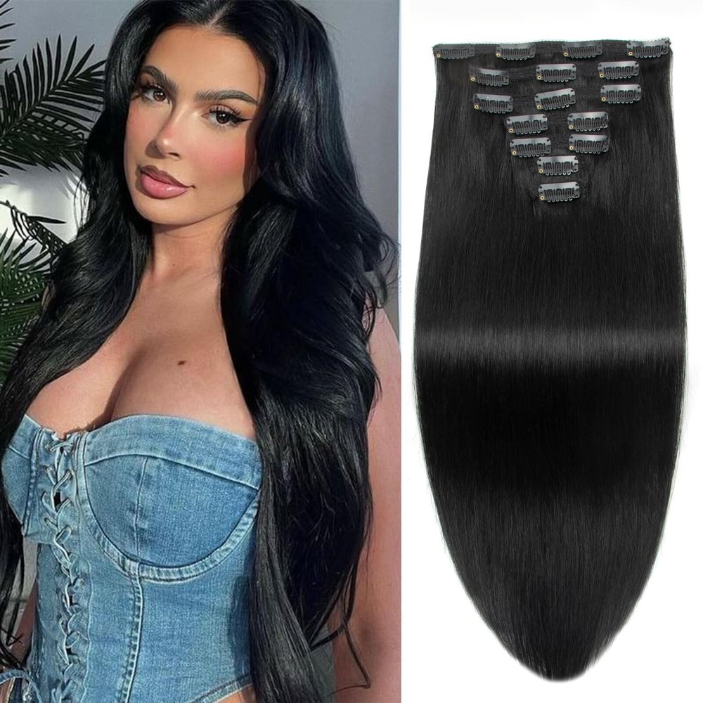 Clip in Hair Extensions Real Human Hair Jet Black Clip ins 16 Inch 7pcs 115g Human Hair Clip in Extensions Straight Hair Double Weft Human Hair Extensions for Women