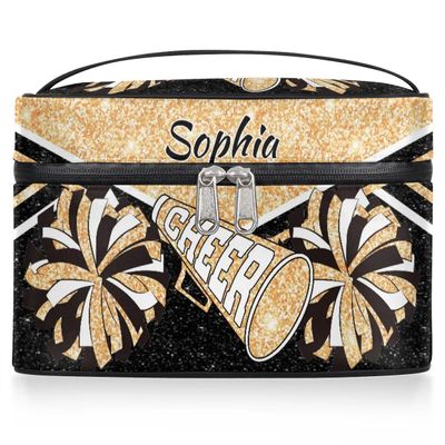 Ioracida Personalized Cheer Makeup Case Custom Cheer Travel Cosmetic Bag Cheerleader Gifts Portable Cheerleading Travel Toiletry Zipper Pouch for Women Vanity Bags with Handle, Light Yellow Glitter