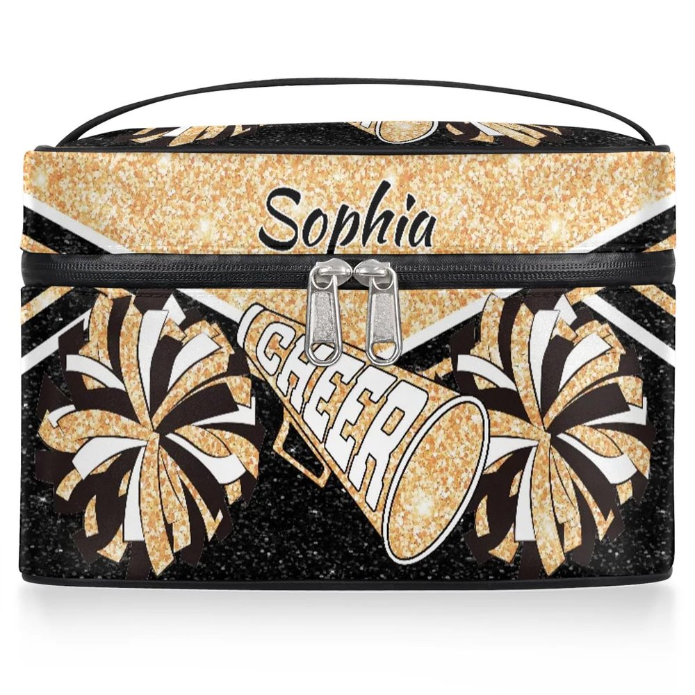 Ioracida Personalized Cheer Makeup Case Custom Cheer Travel Cosmetic Bag Cheerleader Gifts Portable Cheerleading Travel Toiletry Zipper Pouch for Women Vanity Bags with Handle, Light Yellow Glitter