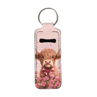 Baxinh Highland Cattle Chapstick Holder, Rose Printed Neoprene Lipstick Keychain, Portable Lip Balm Gloss Tracker for Valentine's Day