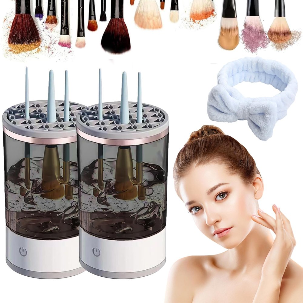 2025 New Make Up Brush Cleaner, Cosmetic Brush Cleaner, Automatic Spinning Makeup Brush Cleaner for All Size Makeup Brush (Black-2Pcs)