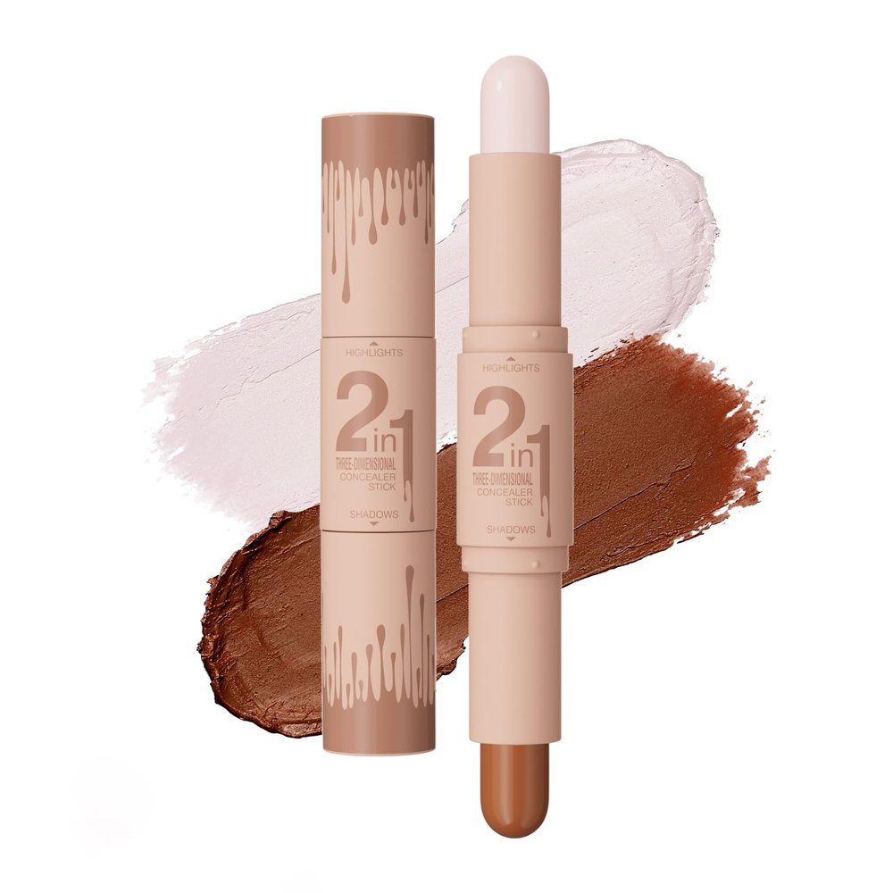 Dual-Ended Cream Contour Stick - Long-Lasting, Waterproof, Face Contour Makeup for All Skin Tones Highlighter Stick Easy to Blend, Achieve a Flawless Look (#01 Light Beige+Light Brown, A)