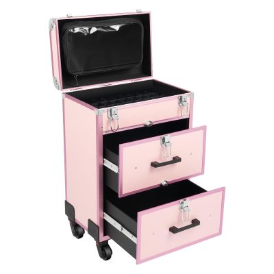 XUFOPLY Professional Rolling Makeup Train Case, 3 Layers Cosmetics Storage Organizer Make up Case Large Cosmetic Trolley with Locks & 4 Wheels for Travel Makeup/Nail Art/Hair Styling (Pink)