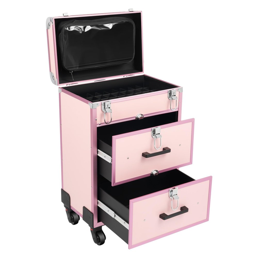 XUFOPLY Professional Rolling Makeup Train Case, 3 Layers Cosmetics Storage Organizer Make up Case Large Cosmetic Trolley with Locks & 4 Wheels for Travel Makeup/Nail Art/Hair Styling (Pink)