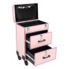 XUFOPLY Professional Rolling Makeup Train Case, 3 Layers Cosmetics Storage Organizer Make up Case Large Cosmetic Trolley with Locks & 4 Wheels for Travel Makeup/Nail Art/Hair Styling (Pink) view 1