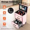 XUFOPLY Professional Rolling Makeup Train Case, 3 Layers Cosmetics Storage Organizer Make up Case Large Cosmetic Trolley with Locks & 4 Wheels for Travel Makeup/Nail Art/Hair Styling (Pink) view 2
