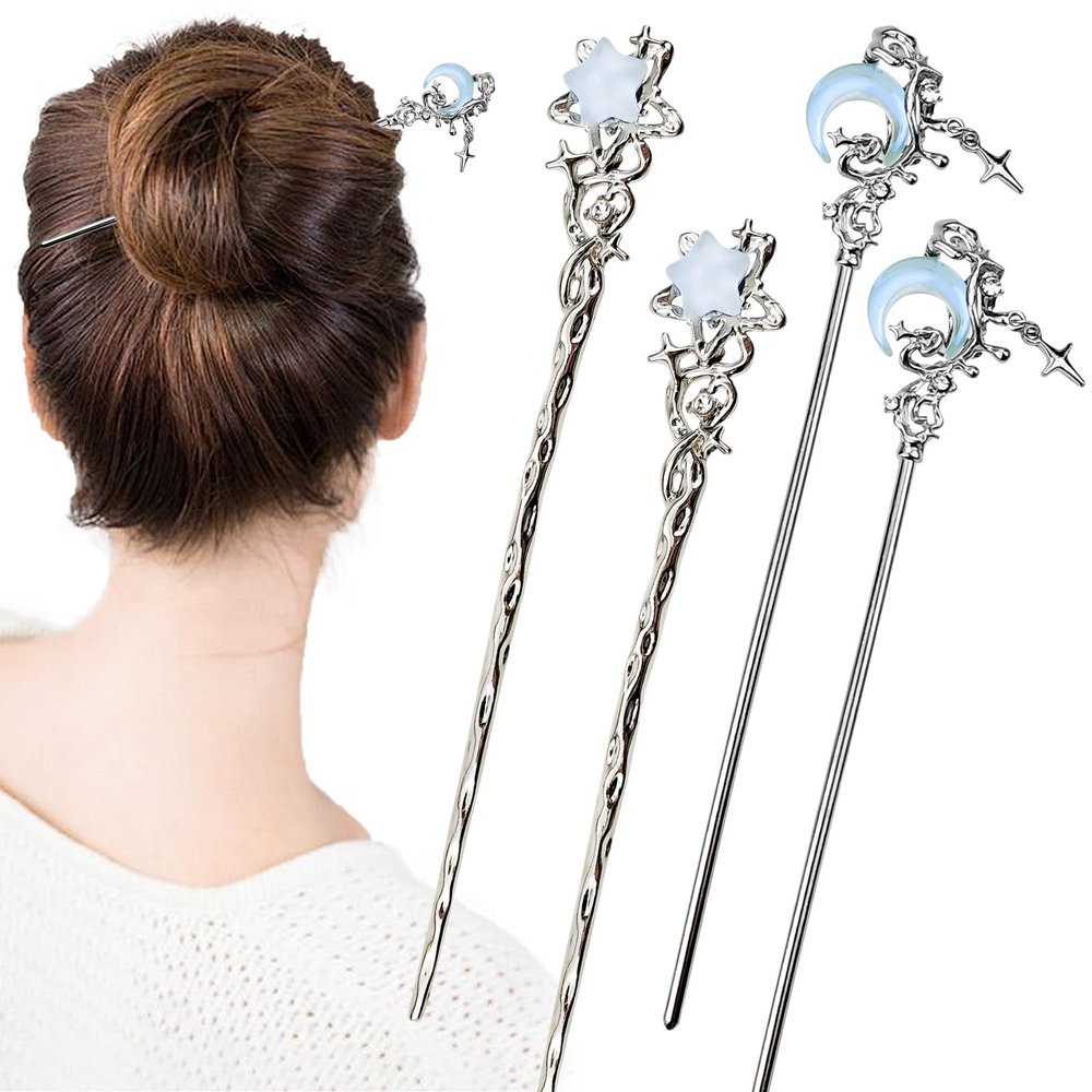 4PCS Star Moon Hair Sticks for Buns Long Hair Chinese Hanfu Asian Vintage Hair Chopsticks Metal Silver Hair Bun Updo Holders Long Hairpins for Women Girls