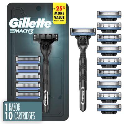 Gillette Mach3 Shaving Razor for Men, 1 Razor Gillette 3-Blade Handle for Mens Grooming, 10 Razor Blade Refills, Lubrication Strip