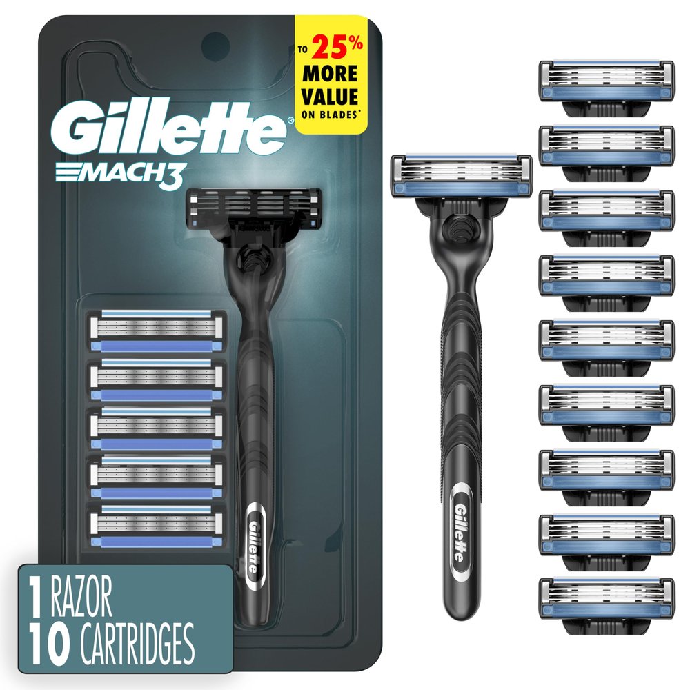 Gillette Mach3 Shaving Razor for Men, 1 Razor Gillette 3-Blade Handle for Mens Grooming, 10 Razor Blade Refills, Lubrication Strip