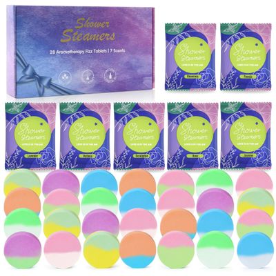 28 Pack Aromatherapy Shower Steamers, Individually Wrapped 7 Scents Bath Bombs,Natural Essential Oil Home SPA Self Care Stress Relief, Perfect Gifts for Her on Birthday Mother's Day Gift Set