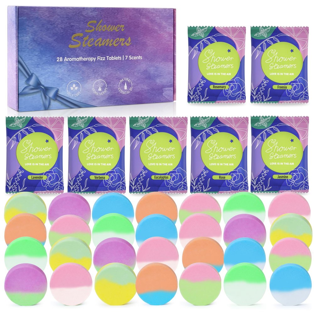 28 Pack Aromatherapy Shower Steamers, Individually Wrapped 7 Scents Bath Bombs,Natural Essential Oil Home SPA Self Care Stress Relief, Perfect Gifts for Her on Birthday Mother's Day Gift Set