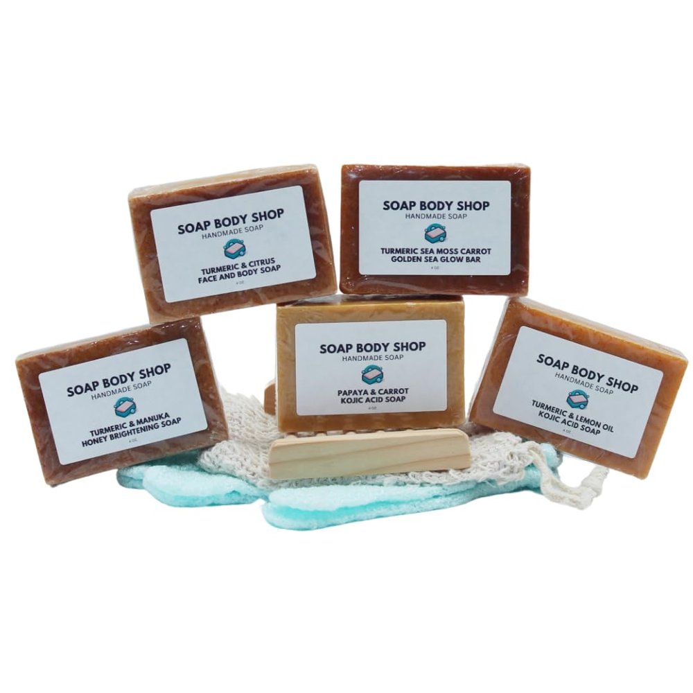 8-Piece Turmeric Soap Bar Set, Essential Oils, Honey, 7 Citrus Oils, Kojic Powder, Soap Saver, Exfoliating Glove, Soap Tray, Radiant Skin, Skin Care, Self-Care Gift, Turmeric Skin Care, Handmade Soaps, Even Skin Tone
