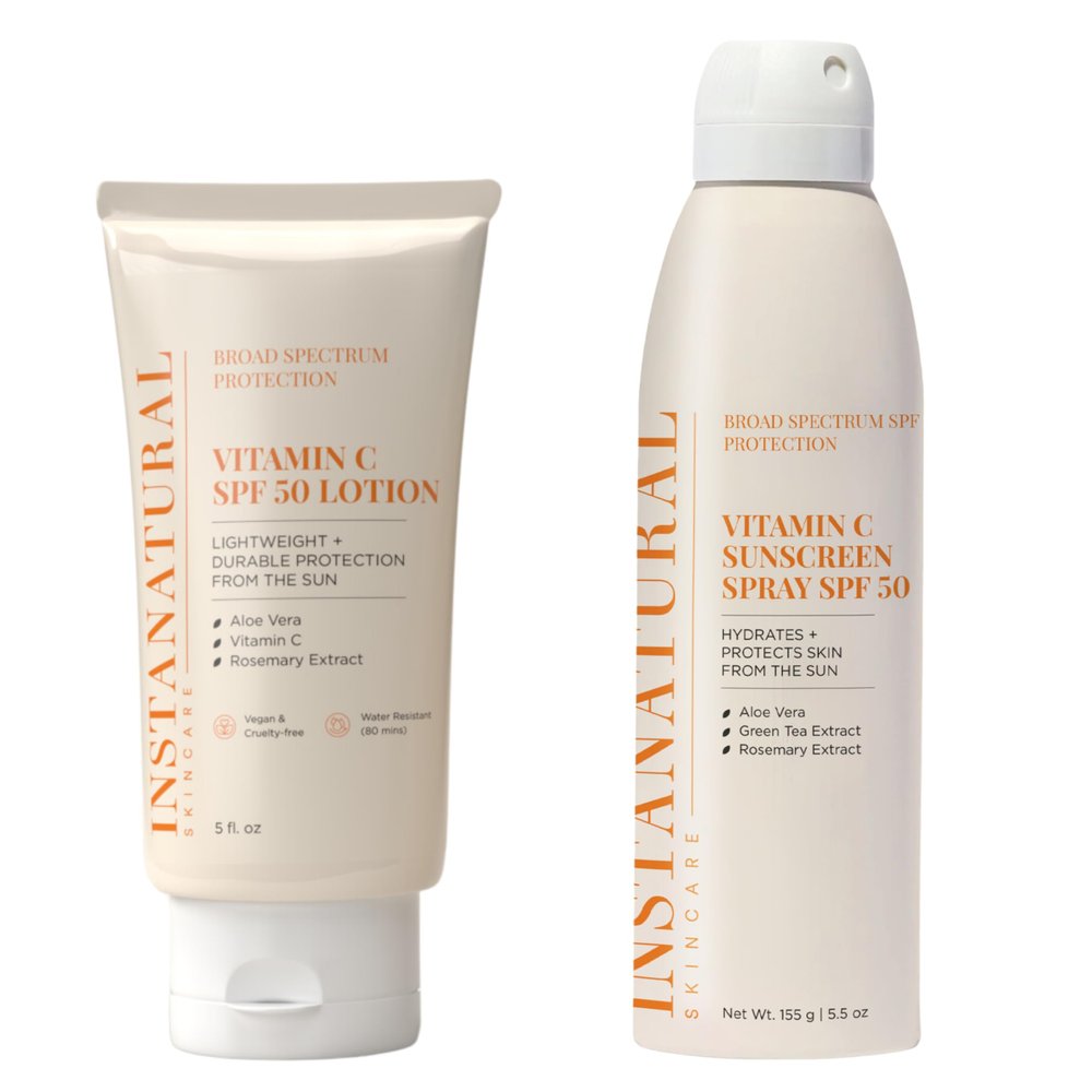 InstaNatural Skin Care Vitamin C SPF 50 Broad Spectrum Sunscreen Lotion & Spray Bundle, Brightening, Lightweight, Non-Greasy formula for Body & Face, UVA, UVB Sunblock, with Aloe Vera & Botanicals