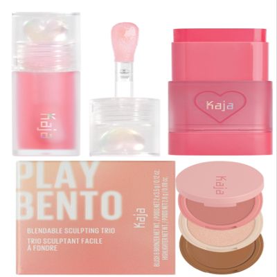 Kaja Juicy Glass Lip Oil 01 Rose Hip Spritz + Dewy Bar - Creamy Multi-Stick Blusher & Lip Balm 02 Strawberry Sorbet,10g + 3-in-1 Blendable Sculpting Trio - Play Bento 01 Butter Up Bundle