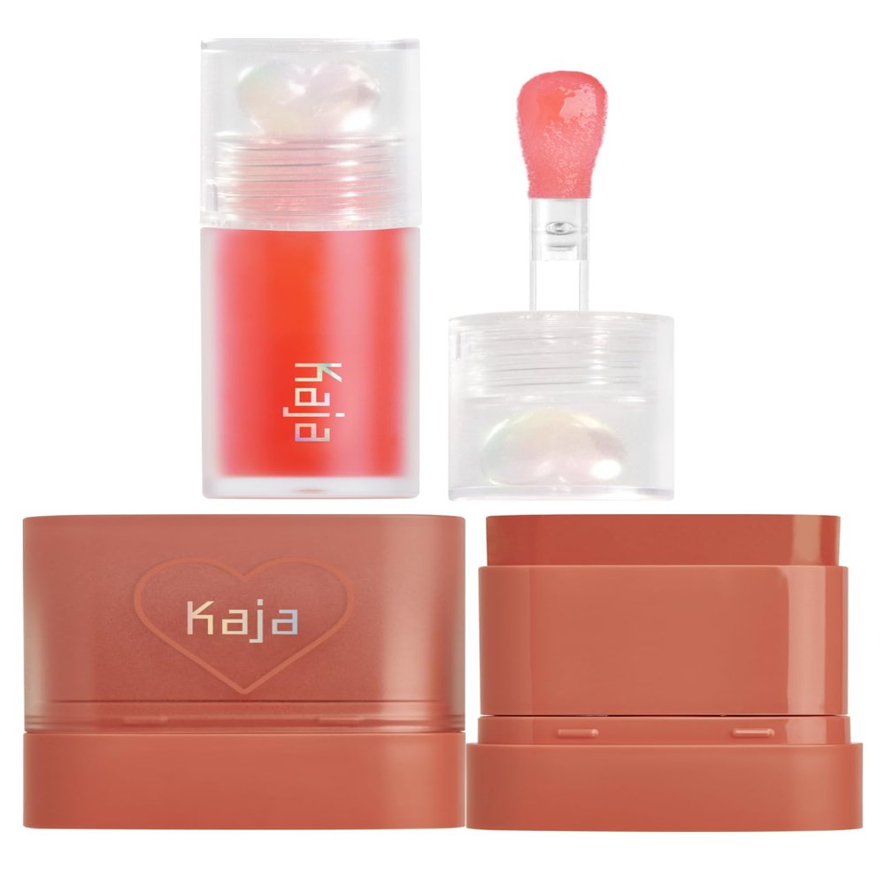 Kaja Juicy Glass Lip Plumping Oil 02 Raspberry Refresher + Dewy Bar - Creamy Multi-Stick Blusher & Lip Balm 05 Cranberry Cooler,10g Bundle