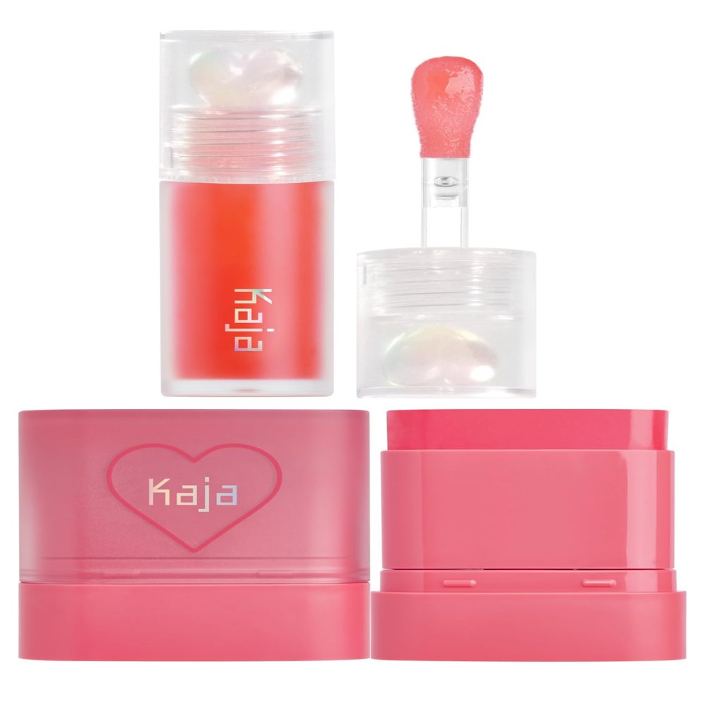 Kaja Juicy Glass Lip Plumping Oil 02 Raspberry Refresher + Dewy Bar - Creamy Multi-Stick Blusher & Lip Balm 02 Strawberry Sorbet,10g Bundle