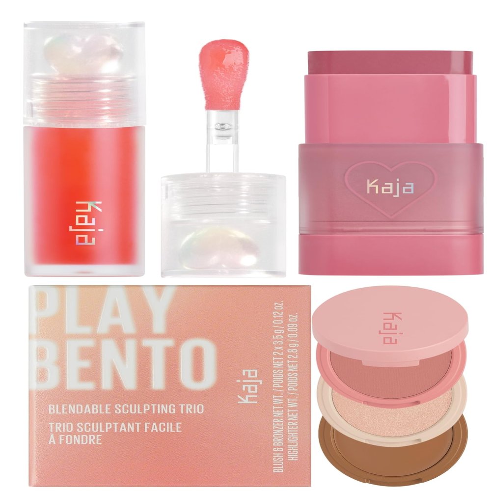 Kaja Juicy Glass Lip Plumping Oil 02 Raspberry Refresher + Dewy Bar - Creamy Multi-Stick Blusher & Lip Balm 04 Fig Smoothie Sorbet + 3-in-1 Blendable Sculpting Trio - Play Bento 01 Butter Up Bundle