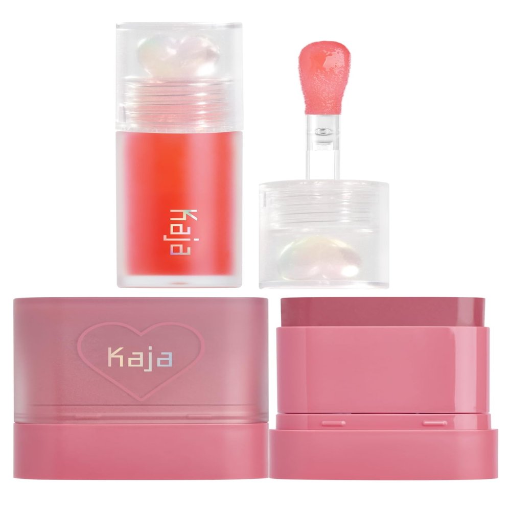 Kaja Juicy Glass Lip Plumping Oil 02 Raspberry Refresher + Dewy Bar - Creamy Multi-Stick Blusher & Lip Balm 04 Fig Smoothie Sorbet,10g Bundle